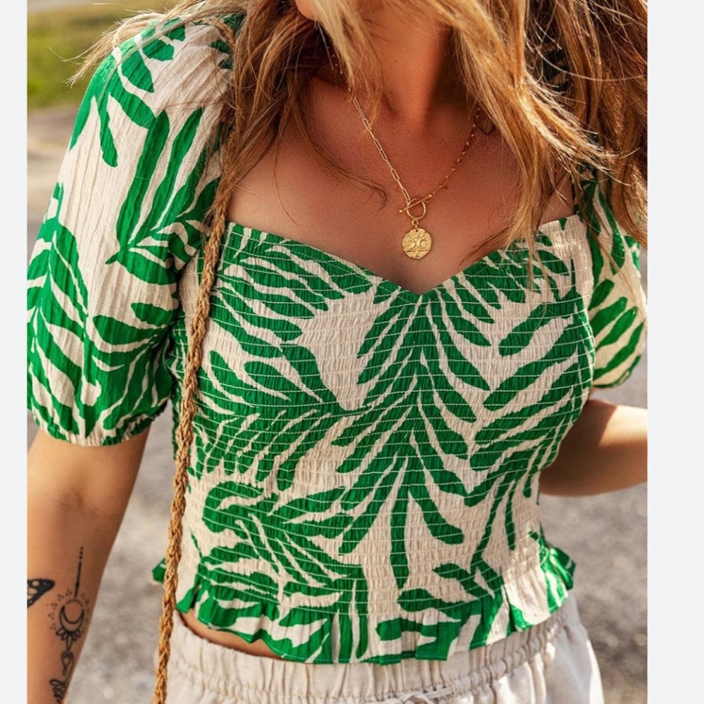 H&M Green and Tan Leaf Pattern Blouse